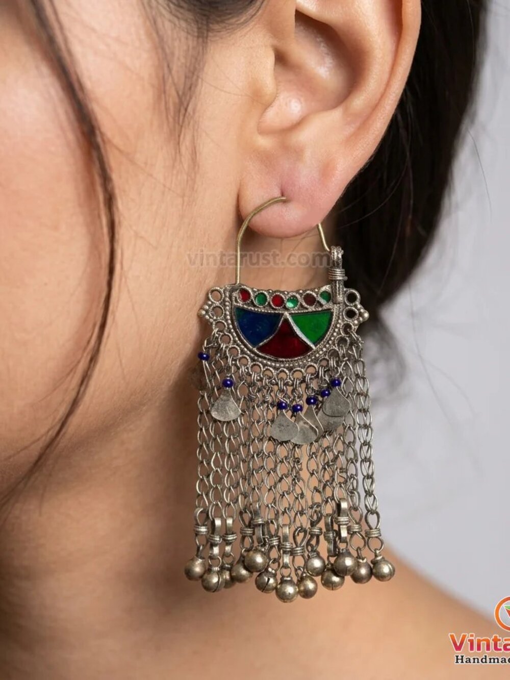 Kuchi Boho Earrings: Red & Green Afghan Bell Earrings, Vintage Jewelry